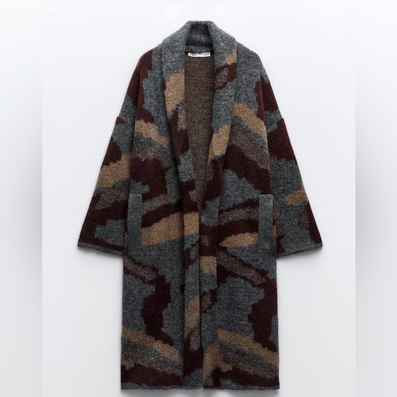 Zara Sweaters - Zara Gray, Brown & Tan Camouflage Open-Front Knit Coatigan